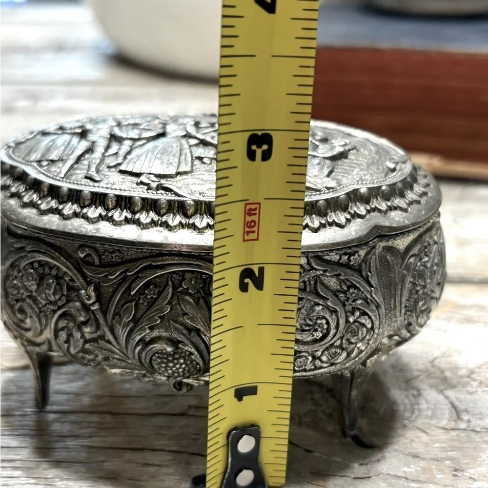 Vintage 70’s Silver Tone Footed Trinket Box (Stamped Japan) Blind Man's Bluff